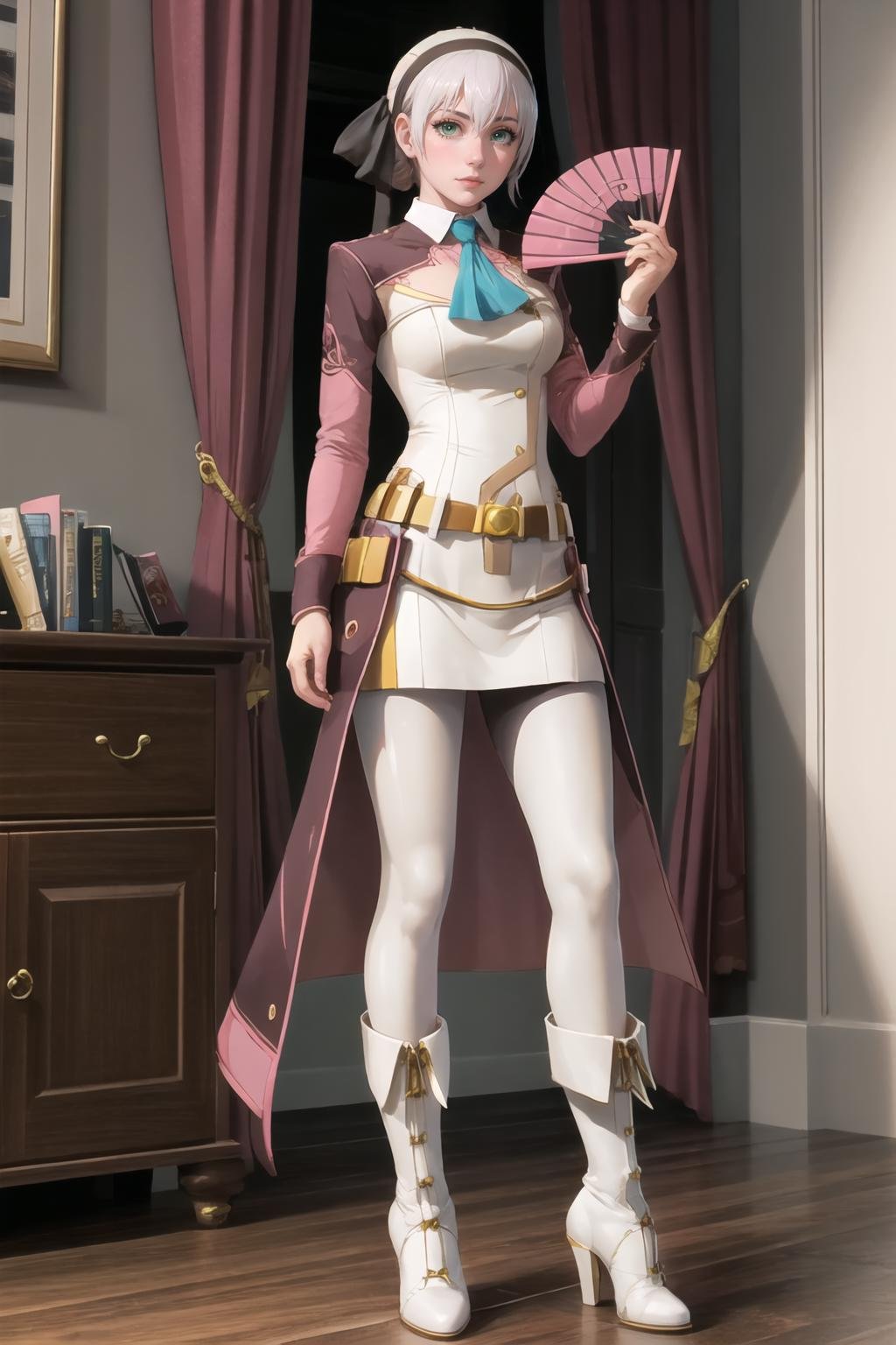 Highly detailed, High Quality, Masterpiece, beautiful, 1girl, solo, Fan, <lora:UnlimitedBladeWorks1.6-09:0.9>, elie macdowell, green eyes, hairband, blue ascot, hair ribbon, long sleeves, belt, pantyhose, white boots, <lora:Char_Meme_ElieMacDowell:0.9>