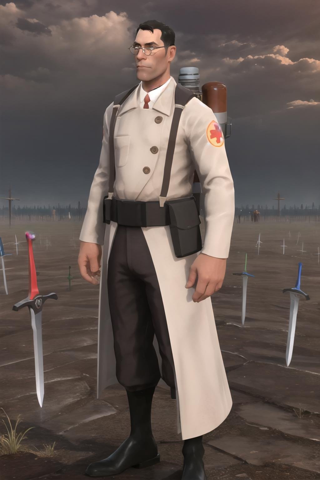 Highly detailed, High Quality, Masterpiece, beautiful, 1boy, solo, Unlimited Blade Works, <lora:UnlimitedBladeWorks1.6-09:0.9>, tf2med, rounded eyewear, facial hair, labcoat, coat, <lora:Char_TF2_Medic:0.8>, full body, 