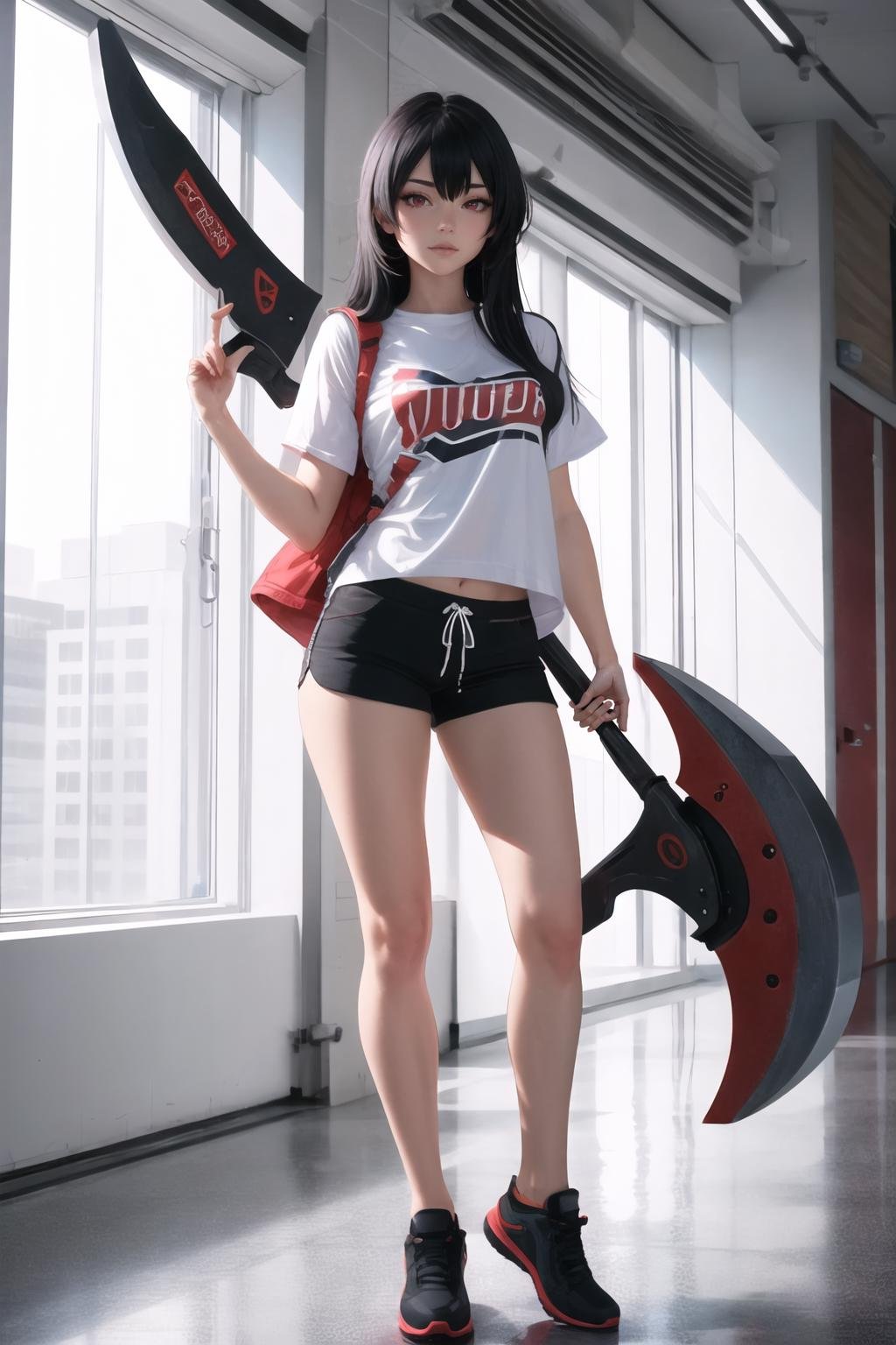 Highly detailed, High Quality, Masterpiece, beautiful, 1girl, solo, red eyes, black hair, long hair, shirt, white shirt, shorts, short shorts, black shorts, Axe, <lora:UnlimitedBladeWorks1.6-09:0.9>