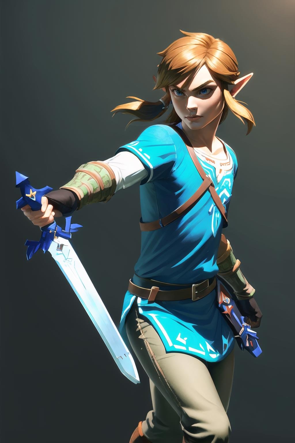 Highly detailed, High Quality, Masterpiece, beautiful, 1boy, solo, MasterSword, master sword, <lora:UnlimitedBladeWorks1.6-09:0.9>, link, he legend of zelda, the legend of zelda: breath of the wild, blue tunic, <lora:Char_Zelda_Link:1>