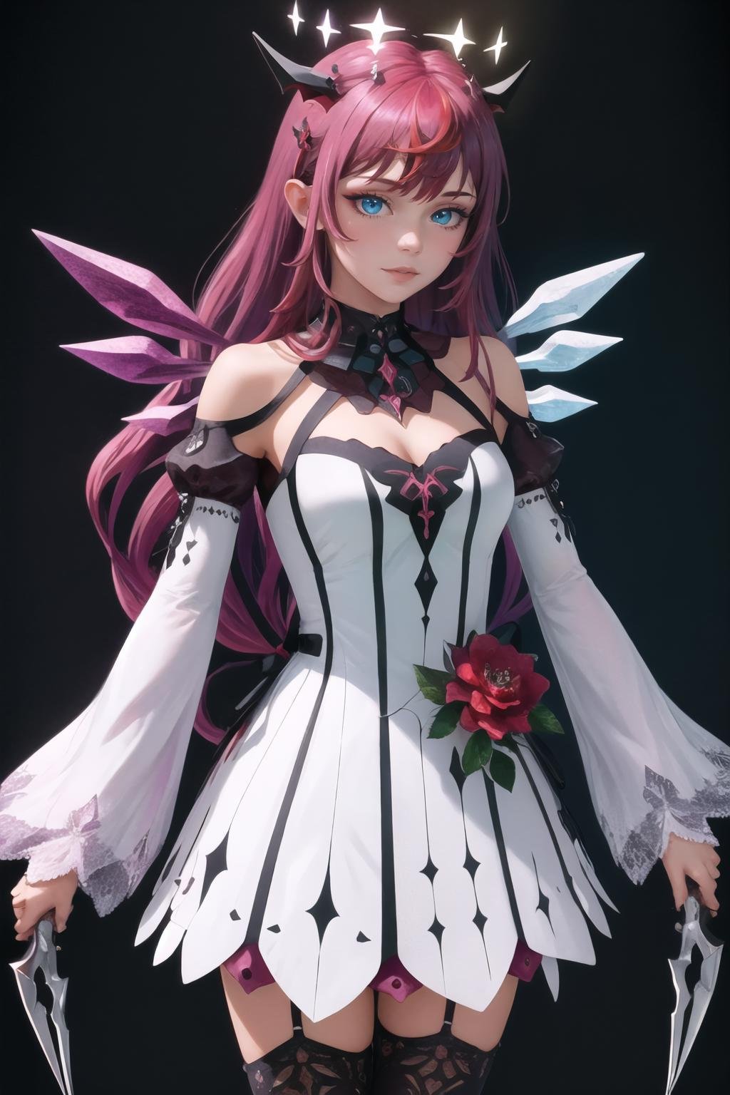 Highly detailed, High Quality, Masterpiece, beautiful, 1girl, solo, DualWielding, <lora:UnlimitedBladeWorks1.6-09:0.9>, IrysBase, heterochromia, long hair, white dress, thighhighs, bare shoulders, white dress, flower, detached sleeves, halo, detached wings, <lora:Char_VTuber_IRys:0.9>