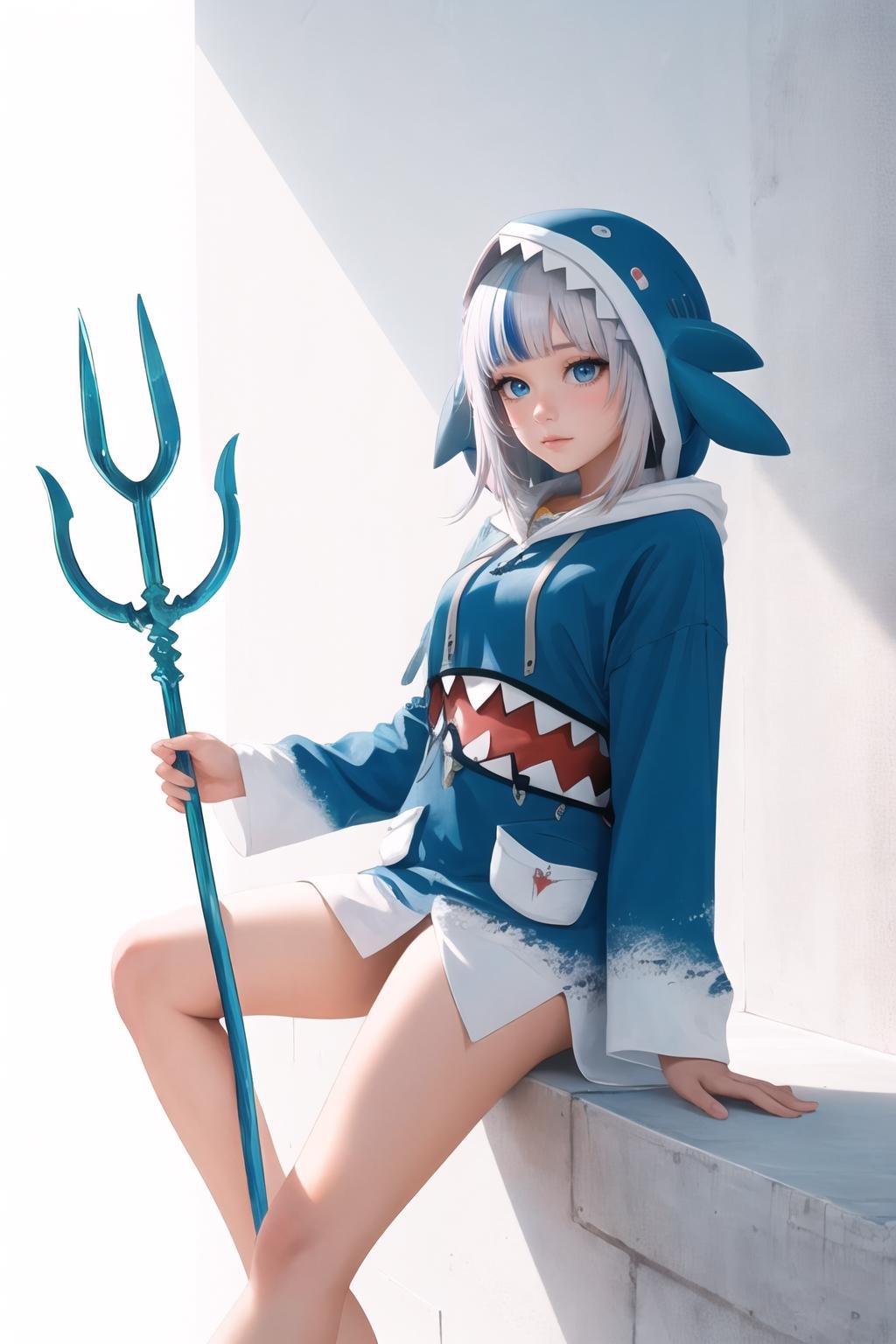 Highly detailed, High Quality, Masterpiece, beautiful, 1girl, solo, Trident, <lora:UnlimitedBladeWorks1.6-09:0.9>, gawr gura, tail, shark tail, blue hoodie, shark print, shark hair ornament, hood, hood up, <lora:Char_VTuber_GawrGura:1>