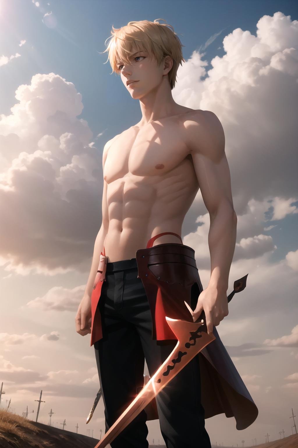 Highly detailed, High Quality, Masterpiece, beautiful, 1boy, solo, Unlimited Blade Works, <lora:UnlimitedBladeWorks1.6-09:0.9>, GilgameshTopless, <lora:Char_Fate_Gilgamesh:0.9>, blonde hair, 