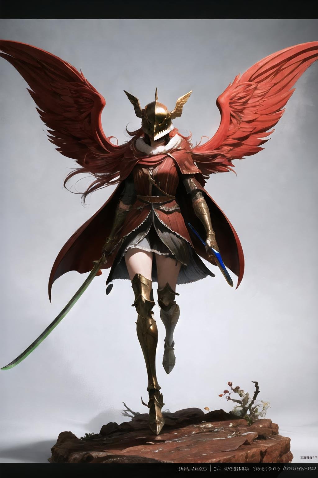 Highly detailed, High Quality, Masterpiece, beautiful, 1girl, solo, KatanaTwoHands, <lora:UnlimitedBladeWorks1.6-09:0.9>, malenia_blade, cursed_left_arm, winged helmet, red cape, covered eyes, <lora:Char_EldenRing_Malenia:0.65>, full body, 
