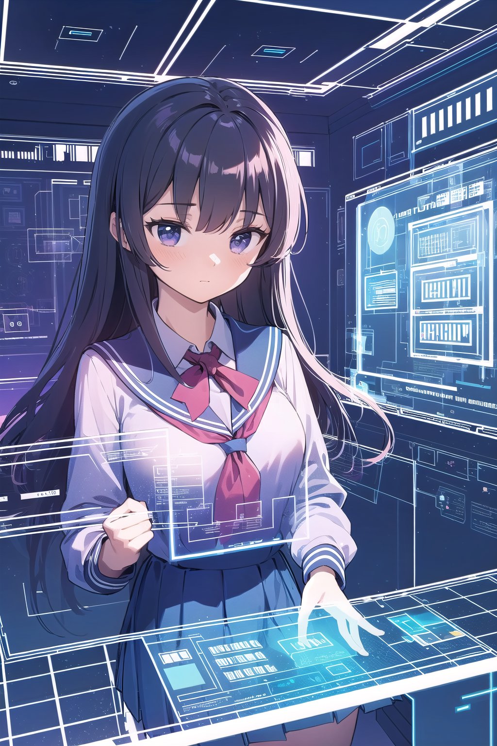 (masterpiece), 1girl, school uniform, classroom, (holographic interface:1.4),