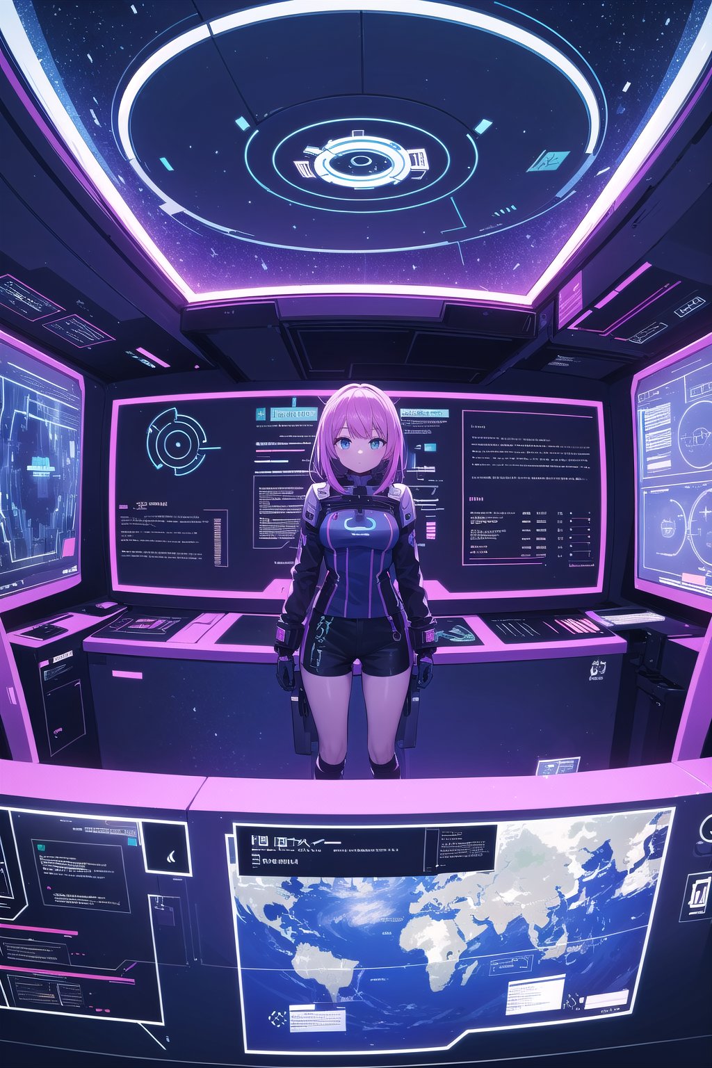 (masterpiece), 1girl, sci-fi, spaceship interior, holographic interface,