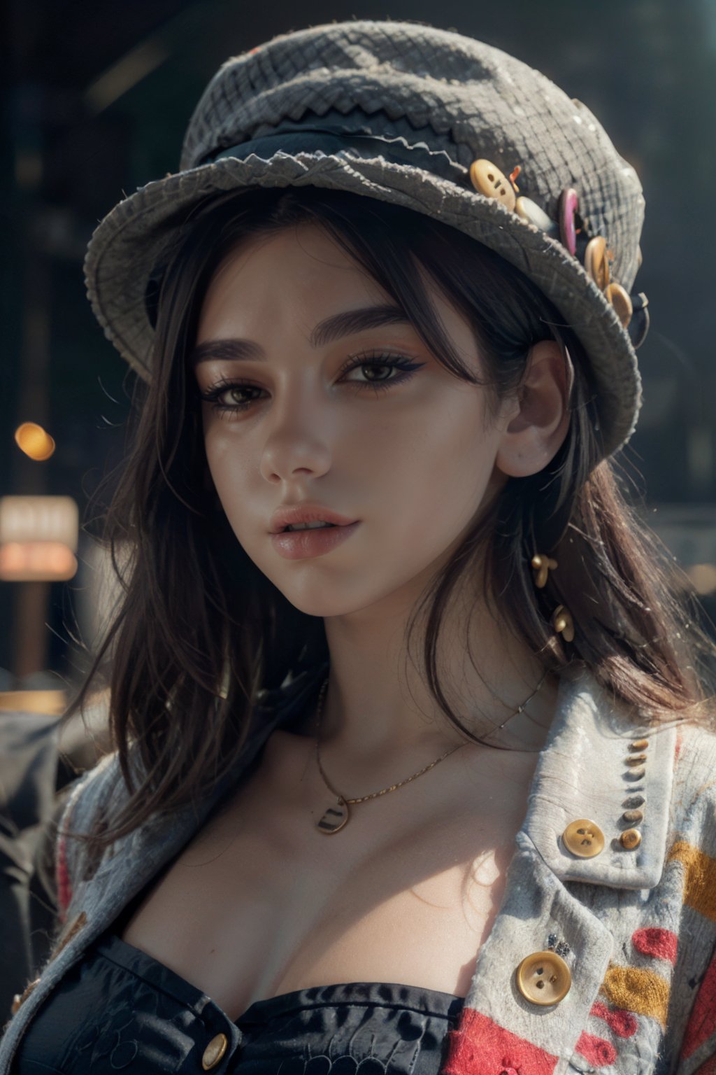 (dynamic pose:1.2),(dynamic camera),(photo RAW),(a woman in a colorful hat with lots of buttons:1.3),upper body,(abstract textured background:1.2), ,(skin texture),masterpiece, top quality, best quality, official art,highest detailed,depth of field,bokeh,atmospheric lighting, cinematic composition,complex multiple subjects, 4k HDR,  <lora:du4l1p4-03:1>