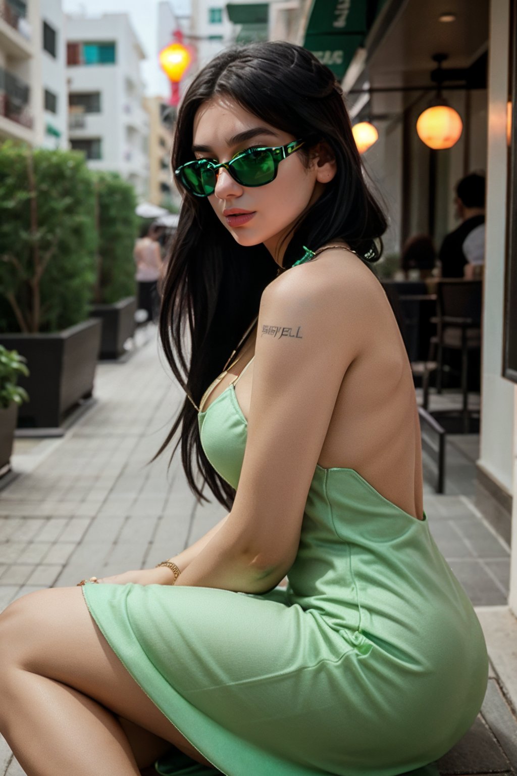 The photograph depicts a woman wearing a beautiful green dress. It appears to be an album cover and may have been inspired by the work of photographer Elsa Bleda. The woman is wearing a pair of Ray-Ban glasses and neon sunglasses, which add a pop of color to her outfit. Her dress is skintight and features color blocking, a trendy fashion technique. This long dress is perfect for a female lounge, and the model is wearing green jewelry to complement the dress. The picture was likely taken at a resort and was captured by the talented photographer Julian Ope. .,<lora:du4l1p4-03:1> 