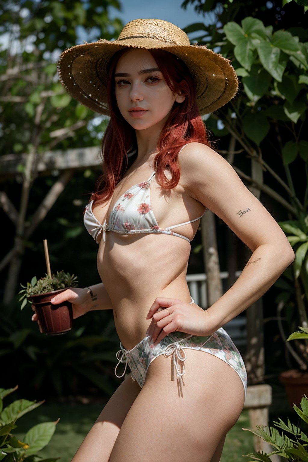 (dynamic pose:1.2),(dynamic camera),(analog photo raw:1.2), (a girl with red hair and a straw hat holding a plant) ,(masterpiece, top quality, best quality, official art,extreme detailed,highest detailed,depth of field,bokeh:1.3,realistic rim lighting,complex, multiple subjects, 4k HDR),,  <lora:du4l1p4-03:1>