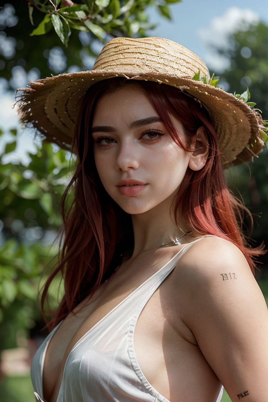 (dynamic pose:1.2),(dynamic camera),(analog photo raw:1.2), (a girl with red hair and a straw hat holding a plant) ,(masterpiece, top quality, best quality, official art,extreme detailed,highest detailed,depth of field,bokeh:1.3,realistic rim lighting,complex, multiple subjects, 4k HDR),,  <lora:du4l1p4-03:1>