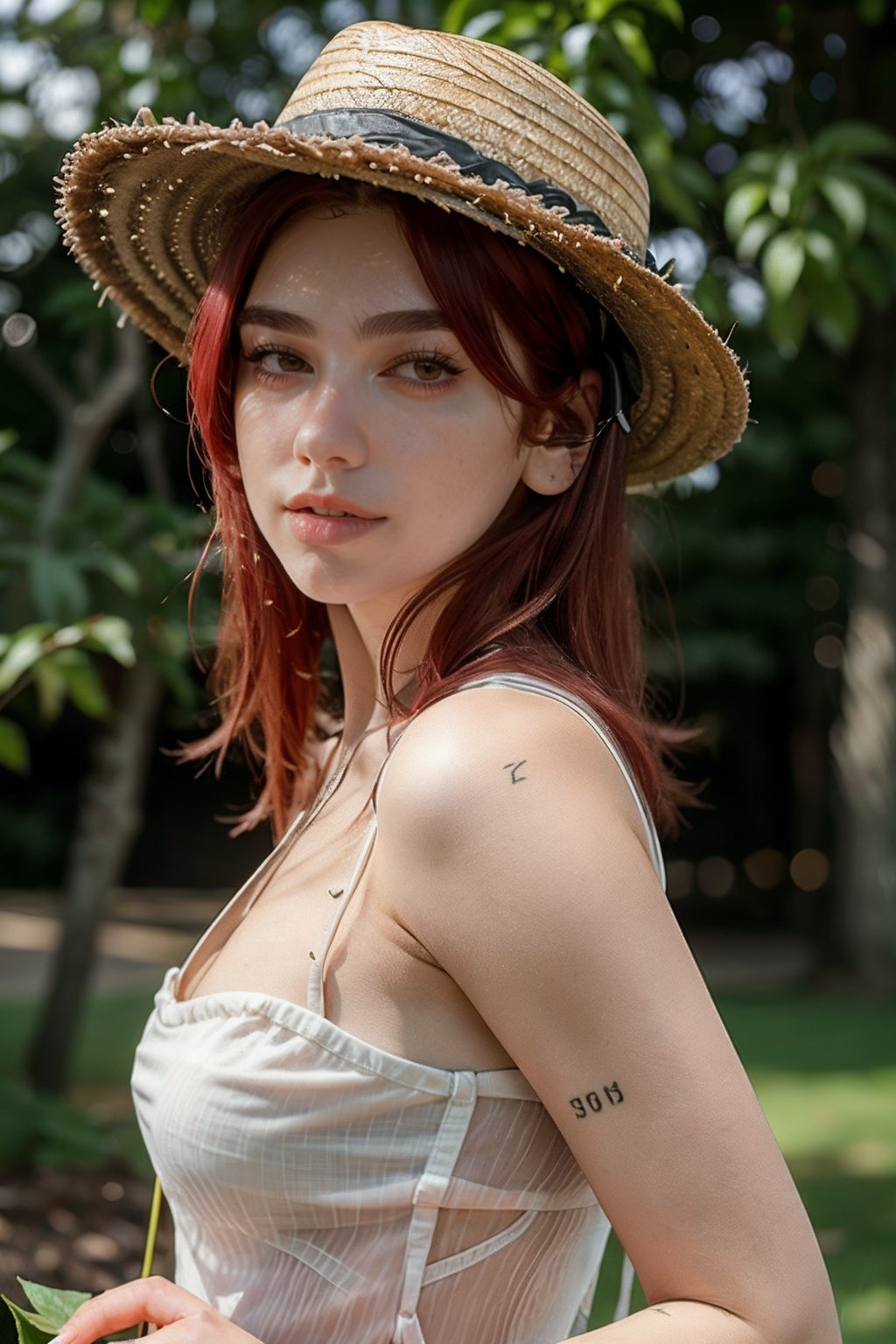 (dynamic pose:1.2),(dynamic camera),(analog photo raw:1.2), (a girl with red hair and a straw hat holding a plant) ,(masterpiece, top quality, best quality, official art,extreme detailed,highest detailed,depth of field,bokeh:1.3,realistic rim lighting,complex, multiple subjects, 4k HDR),,  <lora:du4l1p4-03:1>