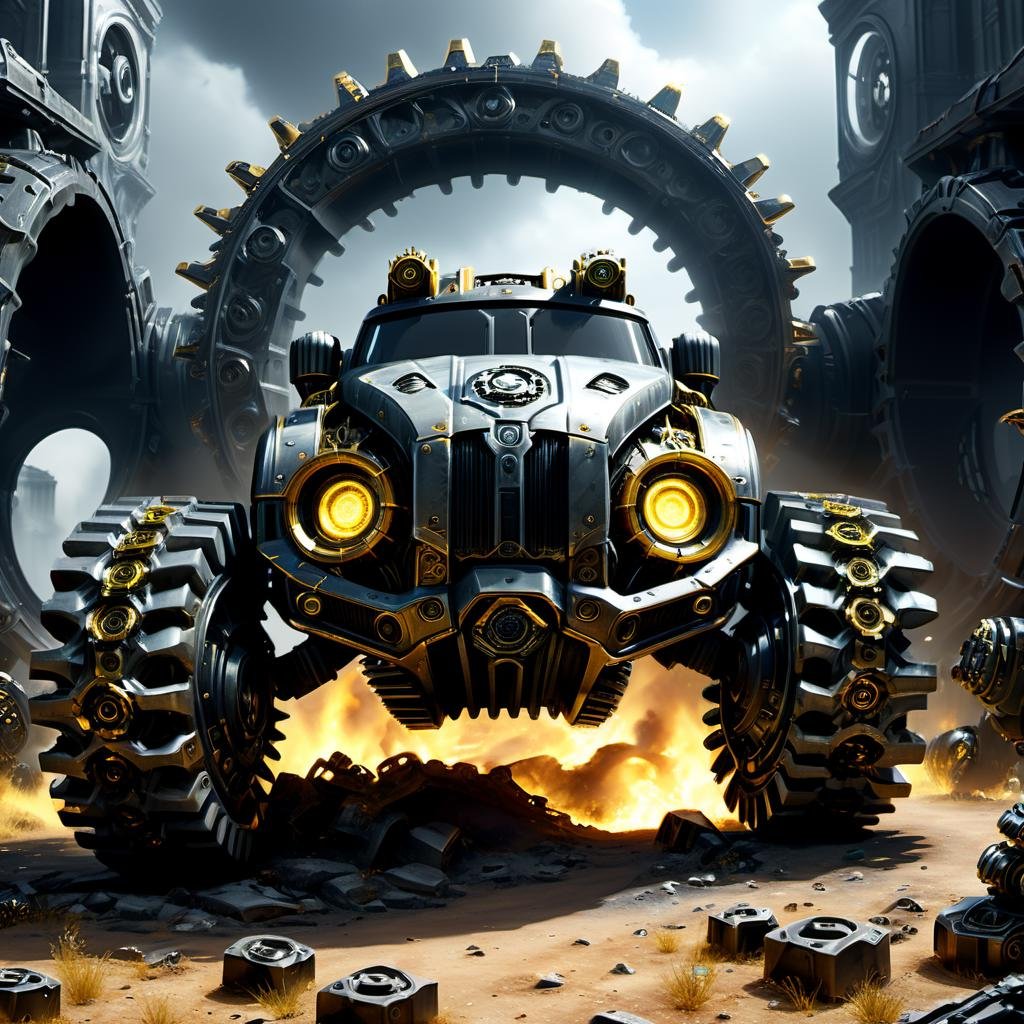 ((best quality)), ((masterpiece)), ((realistic,digital art)), (hyper detailed),DonMR3mn4ntsXL  Massive Deviant Vehicle (Gears of War),    Bug Deflector, Wheel Flares, Gold, __properties/Visual-Appearance__, __properties/paint-vehicle__, Glassy Smoothness,, octane rendering, raytracing, volumetric lighting, Backlit,Rim Lighting, 8K, HDR,   <lora:DonMR3mn4ntsXL-000016:1>