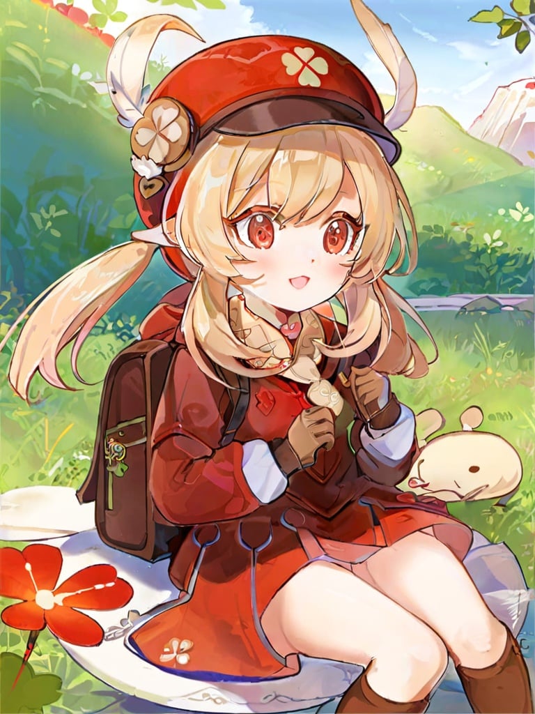 (\ke li\),Four leaf grass printing,1girl, solo, looking at viewer,gloves, bangs, long sleeves, low twintails,scarf, sidelocks, brown gloves, hat feather, backpack, open mouth, red headwear, (campus uniform:1.4),sitting,(pleated skirt:1.3)