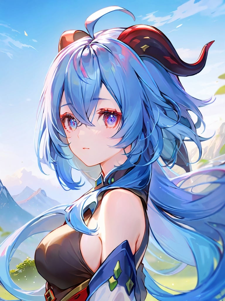 (((masterpiece))), ((best quality)), hyper quality, official art, extremely detailed CG unity 8k wallpaper, highly detailed, (super fine illustration), highres, (ultra-detailed), detailed face,(\gan yu\), 1girl, solo, blue hair,full body,horns