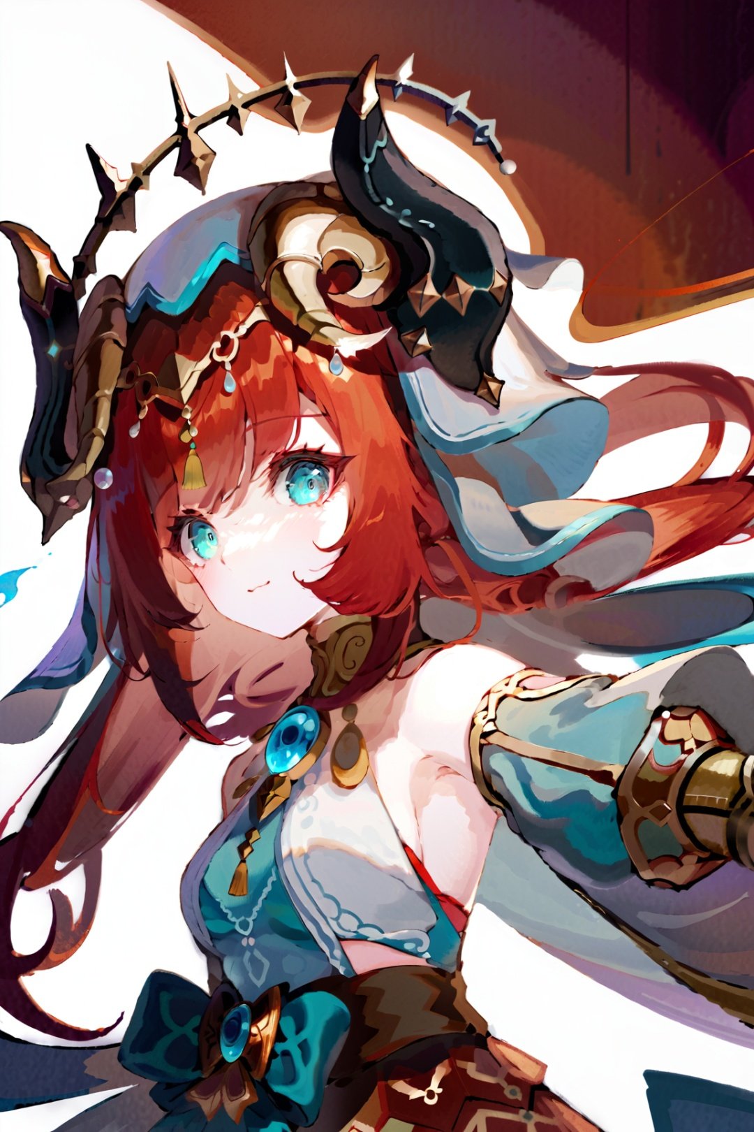 ultra-detailed,(best quality),((masterpiece)),(highres),original,extremely detailed 8K wallpaper,(an extremely delicate and beautiful),best_hand,anime,1girl,nilou (genshin impact),red hair,aqua eyes,hair ornament,horns,white background,,