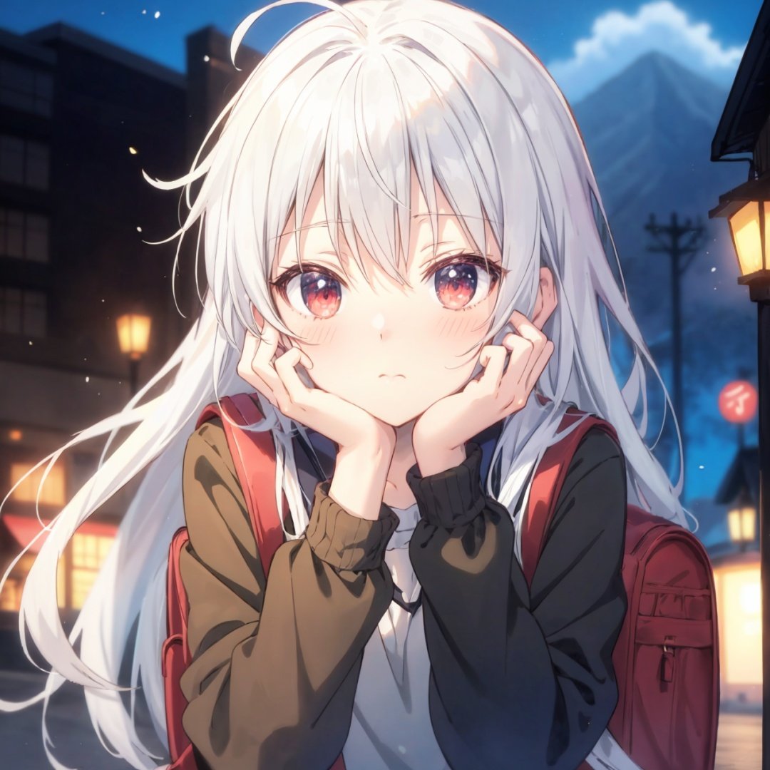 (anime style),  (anime screen), portrait, close up, white hair, red eyes, anime style,  1girl,  solo,  long hair,  looking at viewer,  hair,  blurry,  closed mouth,  blurry background,  jacket,  outdoors,  bag,  blush,  bangs,  long sleeves,  upper body,  backpack,  hand up,  hand on own face,  head rest,  depth of field,  hand on own cheek,  cloud