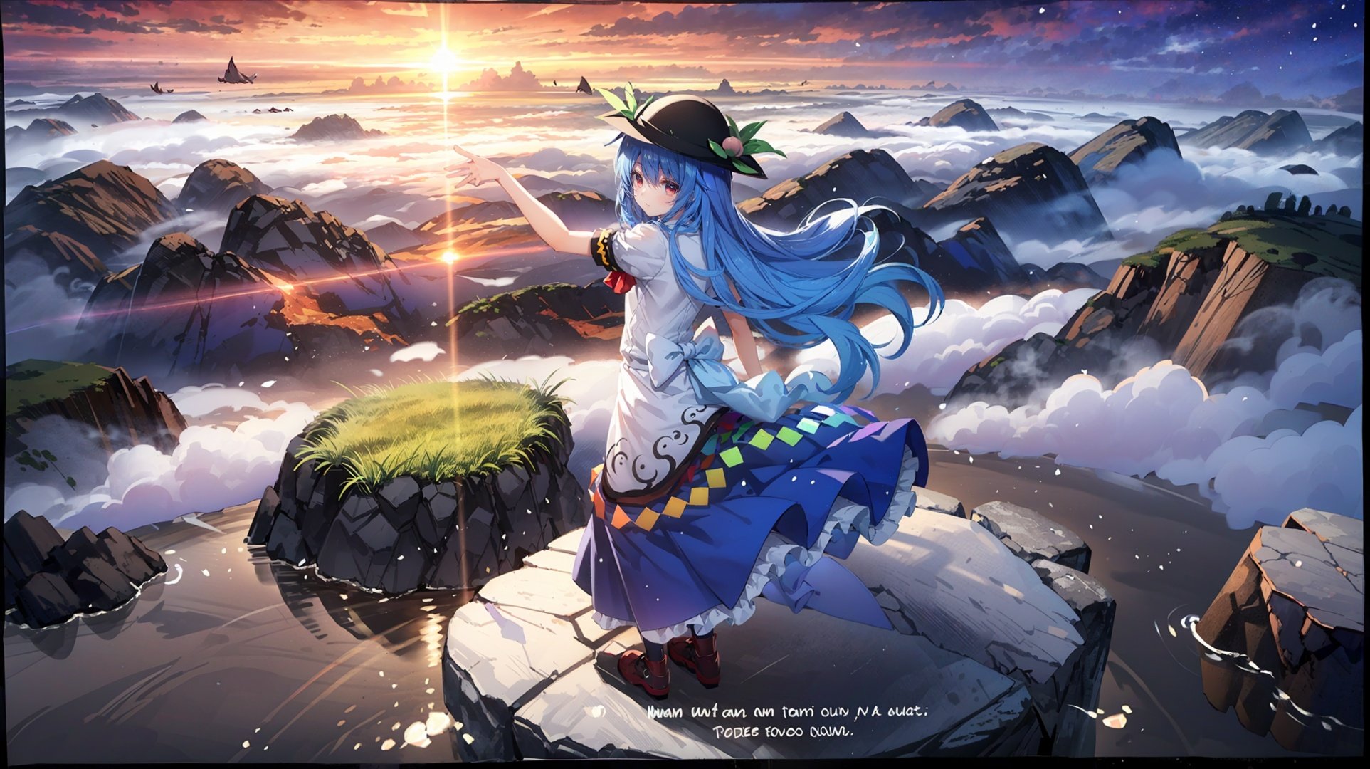 (1girl,  solo,  ray tracing), (spring), (signature), (English text:1.5), (fog), (pine),  ((border)), (trim), ((from behind,  from above,  depth of field,  far shot)), (full body), ((facing away, 1 girl standing on the top of the moutain,  looking up,  sea of clouds,  rocks floating in the air)), ((open arms, )),  floating hair,  wind,  (long hair,  blue hair),  ((rainbow,  sunlight,  sunset)),  starred sky,  (birds,  red sky,  morning,  wind),  ((hinanawi tenshi)),  (hat,  peach, skirt,  frills), hinanawi tenshi, <lora:EMS-13074-EMS:1.000000>