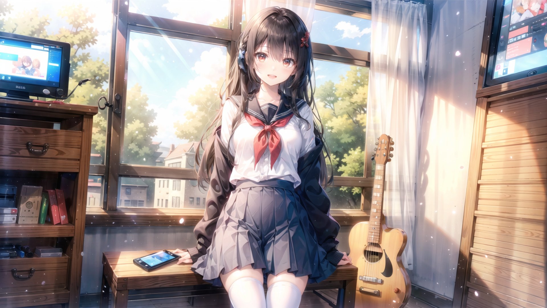 1girl,  solo,  Sitting,  sitting_down,  smile,  ,  illustration,  masterpiece,  best quality,  beautiful face,  young girl,  long_hair,  black_hair,  detailed eyes,  red eyes,  (upper body),  cowboy shot,  clear room,  (guitar case),  (headphones,  tablet pc),  ((computer,  game console,  box,  chair,  toy)),  ((Play electric guitar)),  (baggy clothes:1.4),  light through window,  (full body),  ,  ,  , white thighhighs , hikaru_r_gohouka, <lora:EMS-37562-EMS:0.500000>