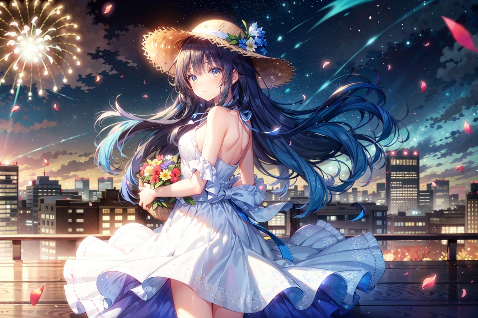 (1girl, looking at viewer), flowers, petals, (smelling flowers), spring, floating, wind, (hair on face), long hair, cowboy shot, blurry, shadow, warm, slightly curly hair, straw hat, flower basket, (fireworks), night, floral print, halter dress, leaves, blue hair, long hair, (depth of field, panorama, city skyline)