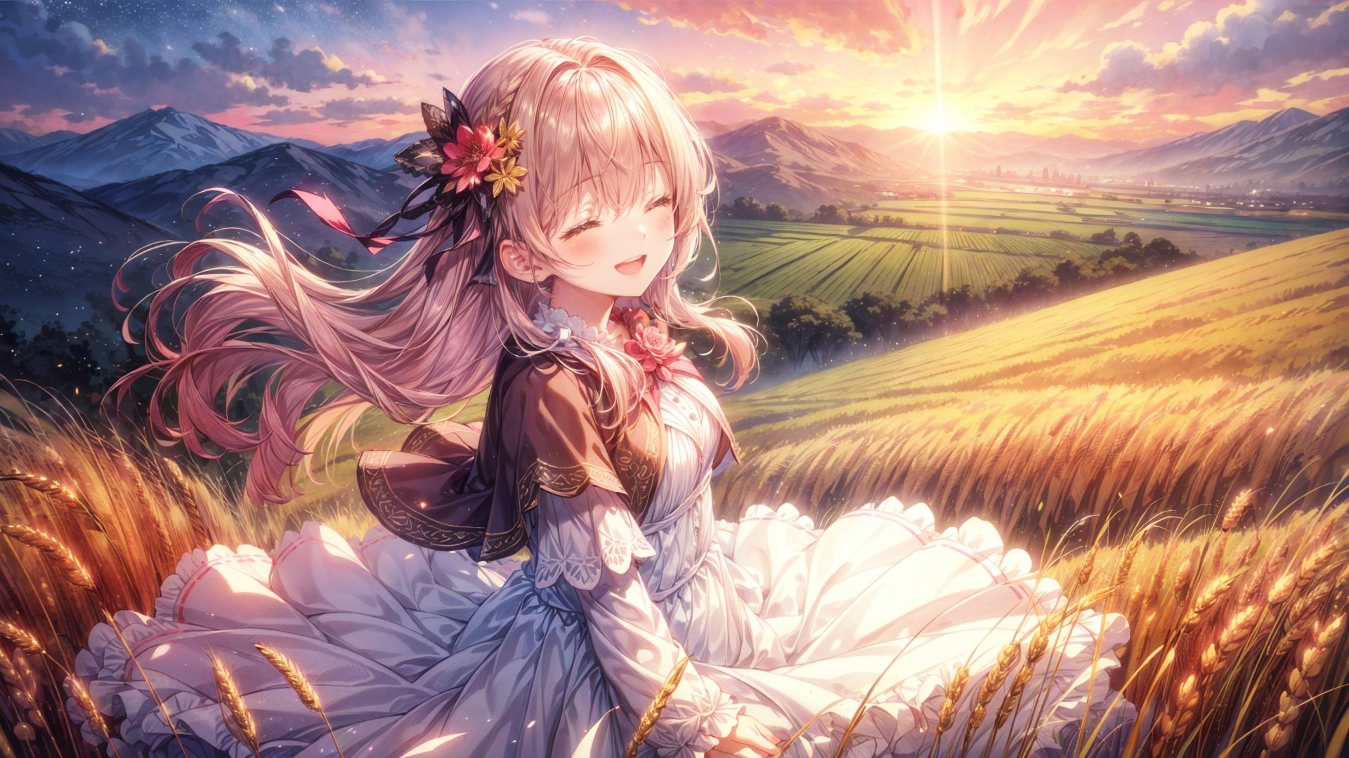 (panorama, wide shot), best quality, masterpiece, extremely detailed, detailed background, (from above:1.2), 1girl, solo, pink hair, closed eyes,  smile,  open mouth, skirt, long hair, wavy hair, on side, fluffy hair, , french , blush, smile, capelet, lace trim, bodice, sunset, long dress, dusk, scenery, gold sky, high place, horizon, wheat field, wheat ears, wind, wind blow, looking at viewer, (depth of field), bokeh, (holding a flower:1.3), (holding:1.2), <lora:EMS-1495-EMS:0.900000>