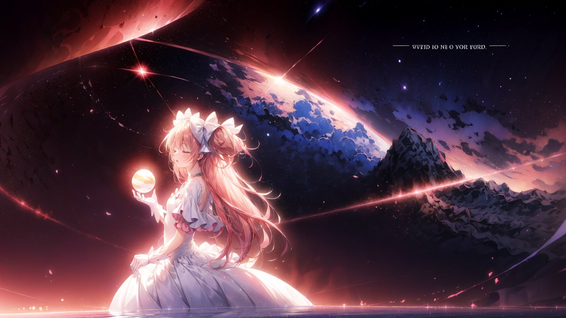 1girl, (ultimate madoka, solo,  pink hair),  long hair,  gloves,  dress,  two side up, (wide shot,  panorama,  distant view),  blonde practicle,  closed eyes,  holy light,  (from side),  [English text],  (in the universe,  planets), <lora:EMS-6907-EMS:1.000000>, , <lora:EMS-484-EMS:0.700000>, , <lora:EMS-1495-EMS:0.600000>