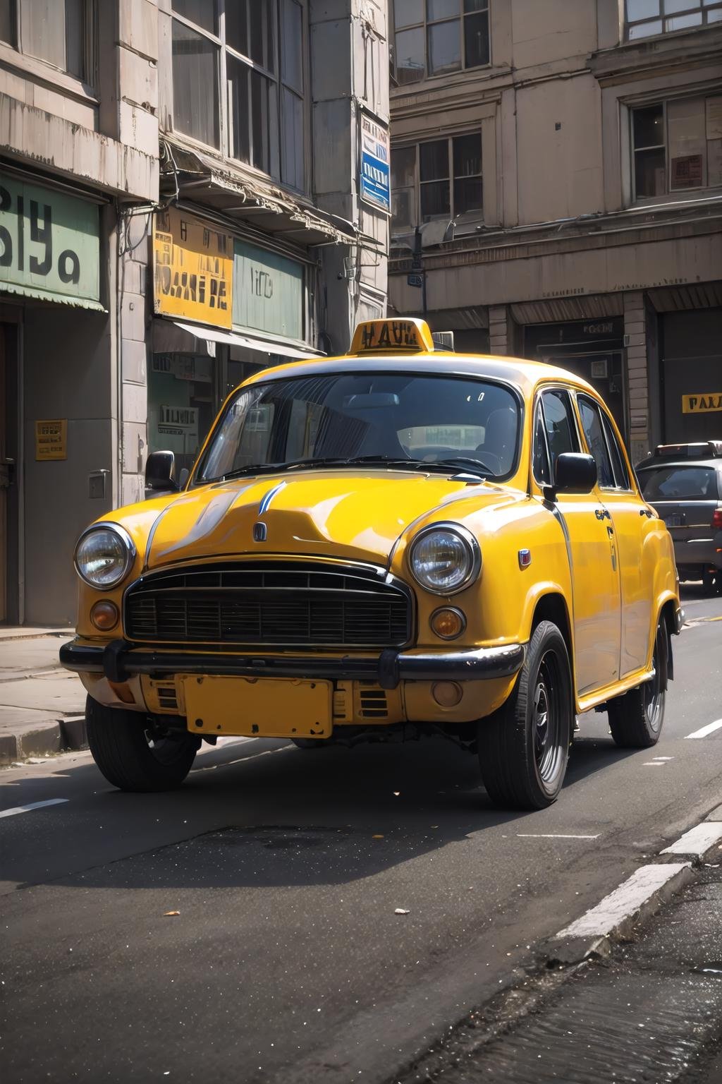 (highly detailed:1.3), solo, <lora:hindustan_ambassador-10:1>, wrenchs_hindustanambassador, (yellow vehicle:1.1), taxi,Ultra-detail, (highres:1.1), best quality, (masterpiece:1.3), cinematic lighting, 