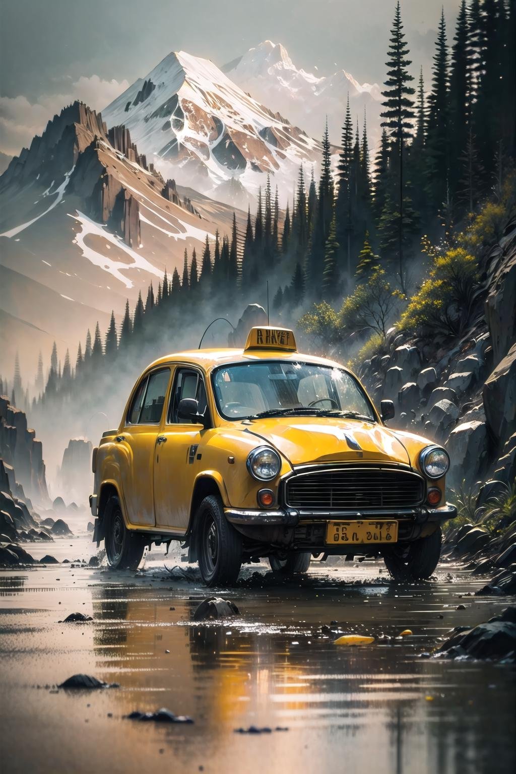 (highly detailed:1.3), solo, <lora:hindustan_ambassador-10:1>, wrenchs_hindustanambassador, (yellow vehicle:1.1), taxi, Ultra-detail, (highres:1.1), best quality, (masterpiece:1.3), cinematic lighting, <lora:ink-0.1-3-b28-bf16-D128-A1-1-ep64-768-DAdaptation-cosine:1>, white background, scenery, ink, mountains, water, trees, 