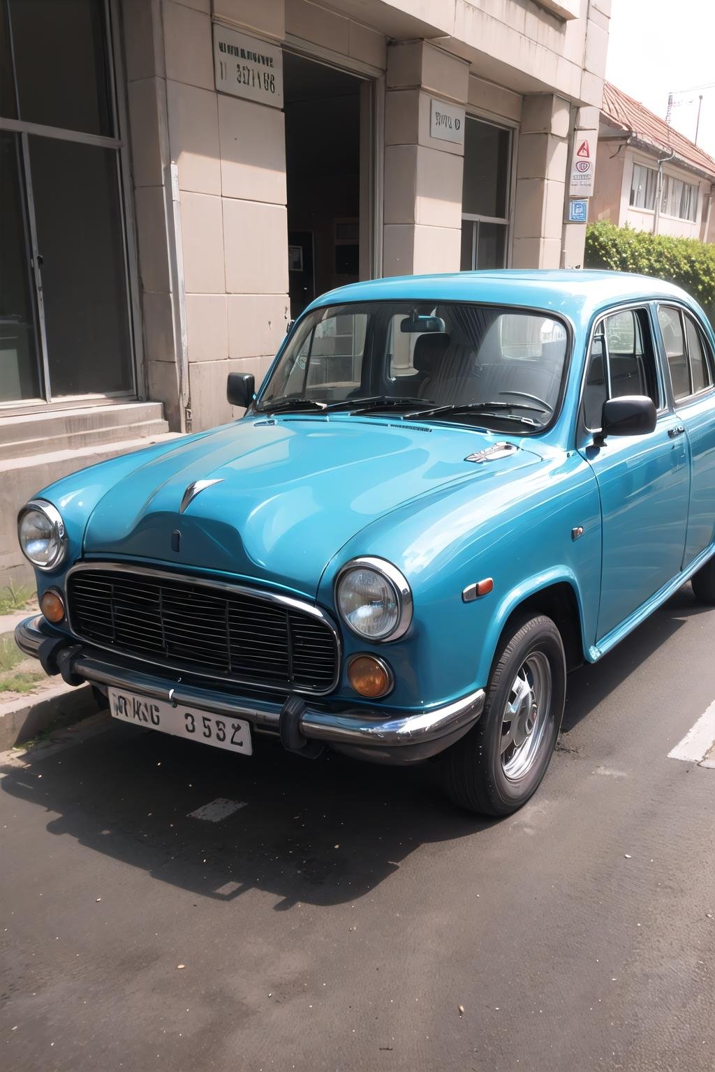 <lora:hindustan_ambassador-10:0.7>, wrenchs_hindustanambassador, blue vehicle