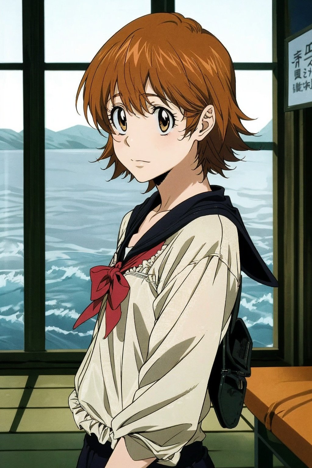 absurdres,incredibly absurdres,reality,realistic,1girl,solo,full_shot,<lora:Sasagawa Kyoko:0.7>,Sasagawa Kyoko,in summer,over the sea,sailor,