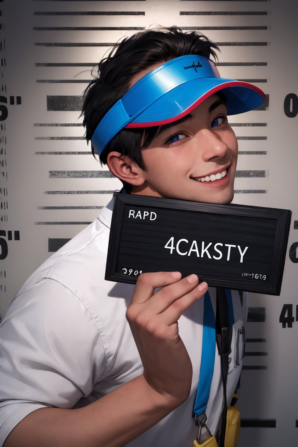 1boy, english text, holding, male focus, old, photo \(medium\), smile, solo, upper body, visor cap, blue eyes, 
good anatomy, masterpiece, best quality, 4k, 8k, 1boy, concept_ken_mugshot_ownwaifu,holding, barbie_mugshot_(meme),www.ownwaifu.com,
