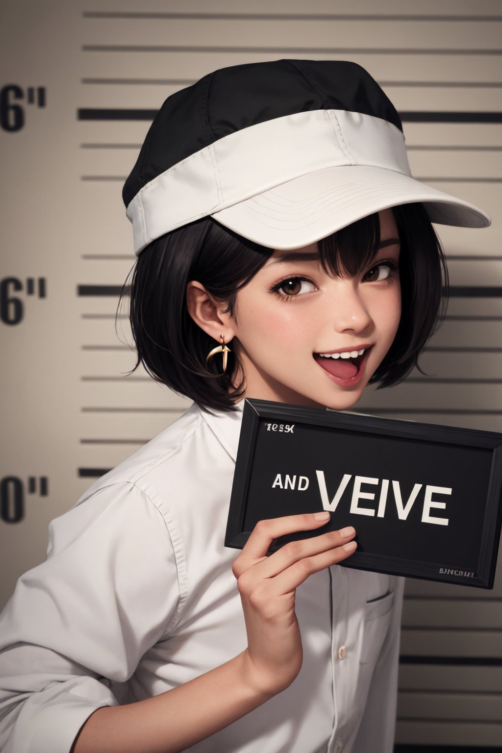 good anatomy, masterpiece, best quality, 4k, 8k, 1boy, barbie_mugshot_(meme), black hair, blush, brick floor, clothing cutout, concept_ken_mugshot_ownwaifu, earrings, hat, holding, holding sign, letterboxed, looking at viewer, meme, open mouth, shirt, short hair, sign, smile, solo, upper body, www.ownwaifu.com, zoom layer 