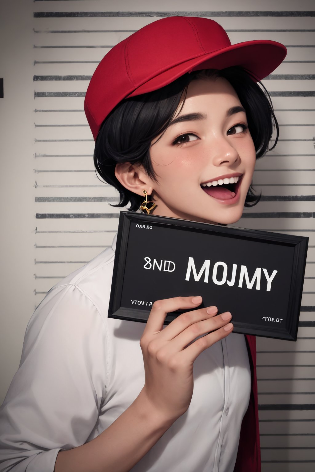 good anatomy, masterpiece, best quality, 4k, 8k, 1boy, barbie_mugshot_(meme), black hair, blush, brick floor, clothing cutout, concept_ken_mugshot_ownwaifu, earrings, hat, holding, holding sign, letterboxed, looking at viewer, meme, open mouth, shirt, short hair, sign, smile, solo, upper body, www.ownwaifu.com, zoom layer 