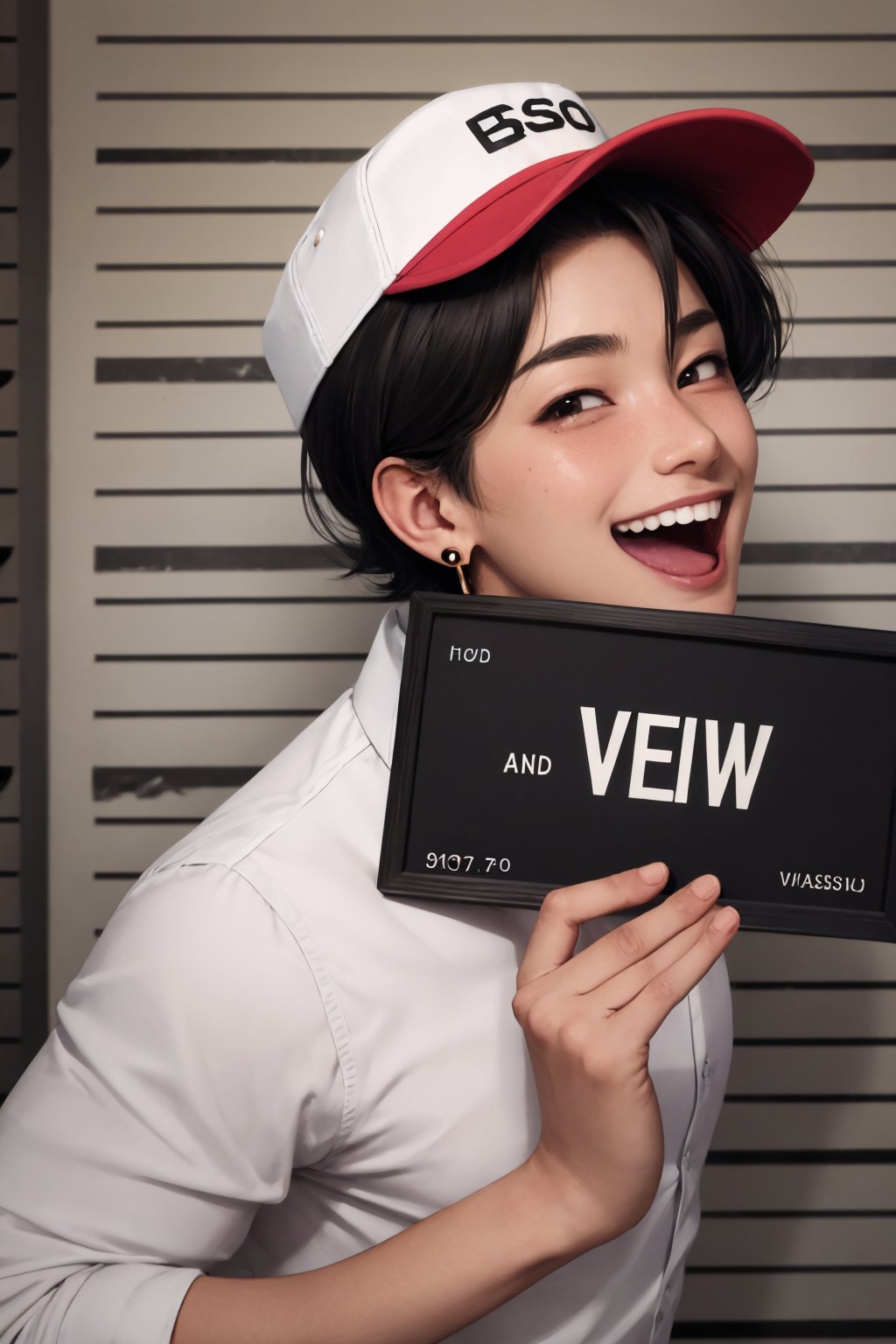 good anatomy, masterpiece, best quality, 4k, 8k, 1boy, barbie_mugshot_(meme), black hair, blush, brick floor, clothing cutout, concept_ken_mugshot_ownwaifu, earrings, hat, holding, holding sign, letterboxed, looking at viewer, meme, open mouth, shirt, short hair, sign, smile, solo, upper body, www.ownwaifu.com, zoom layer 