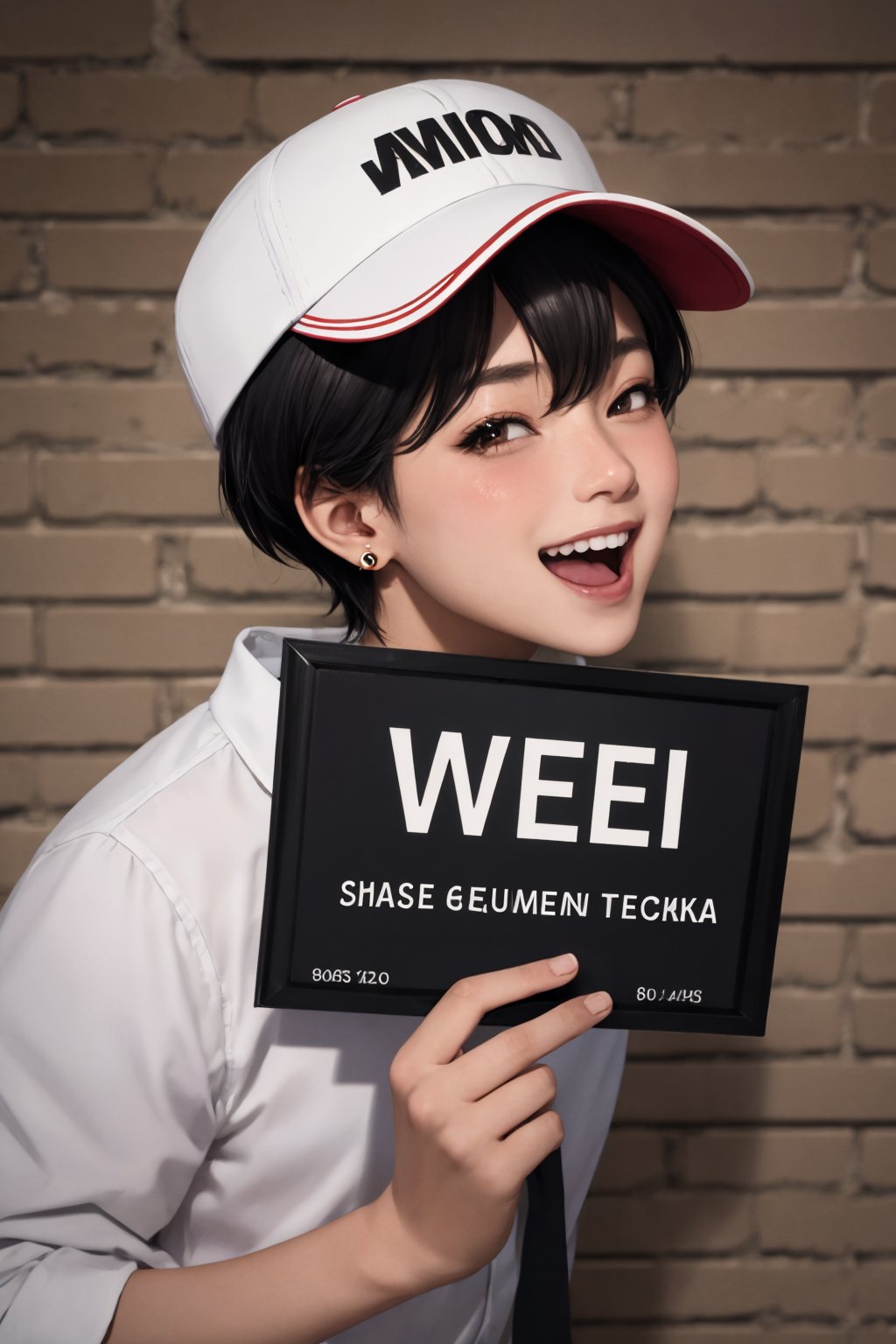 good anatomy, masterpiece, best quality, 4k, 8k, 1boy, barbie_mugshot_(meme), black hair, blush, brick floor, clothing cutout, concept_ken_mugshot_ownwaifu, earrings, hat, holding, holding sign, letterboxed, looking at viewer, meme, open mouth, shirt, short hair, sign, smile, solo, upper body, www.ownwaifu.com, zoom layer 