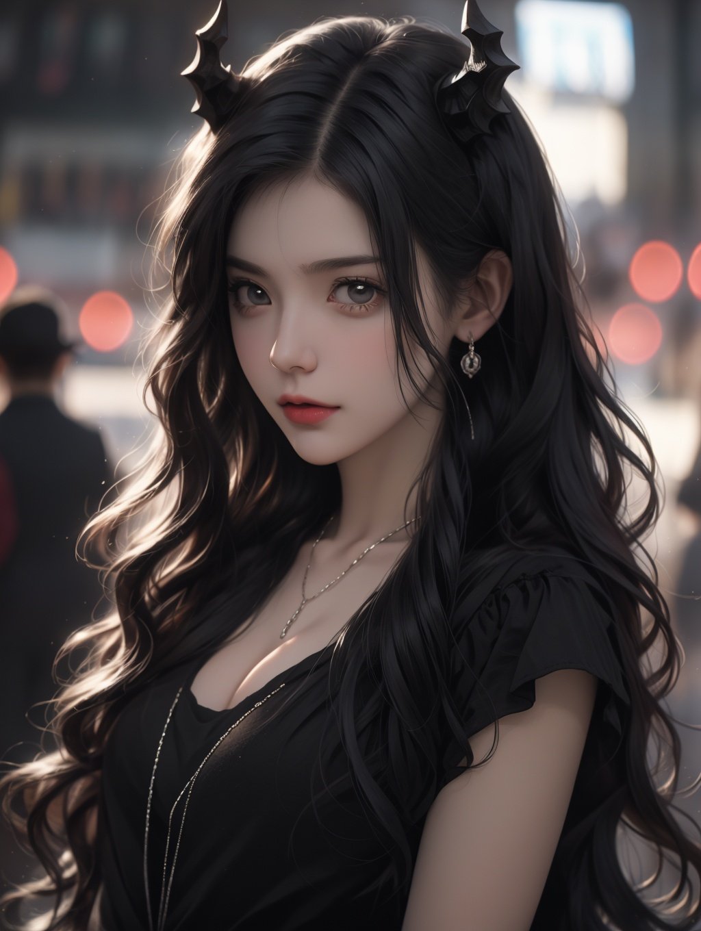 bj_Devil_angel,1girl,solo,long_hair,looking_at_viewer,bangs,shirt,black_hair,hair_between_eyes,brown_eyes,jewelry,closed_mouth,upper_body,short_sleeves,earrings,horns,choker,striped,necklace,lips,black_shirt,wavy_hair,black_choker,red_lips,cinematic lighting,strong contrast,high level of detail,Best quality,masterpiece,<lora:FDevil_angel_v3(3720):0.7>,