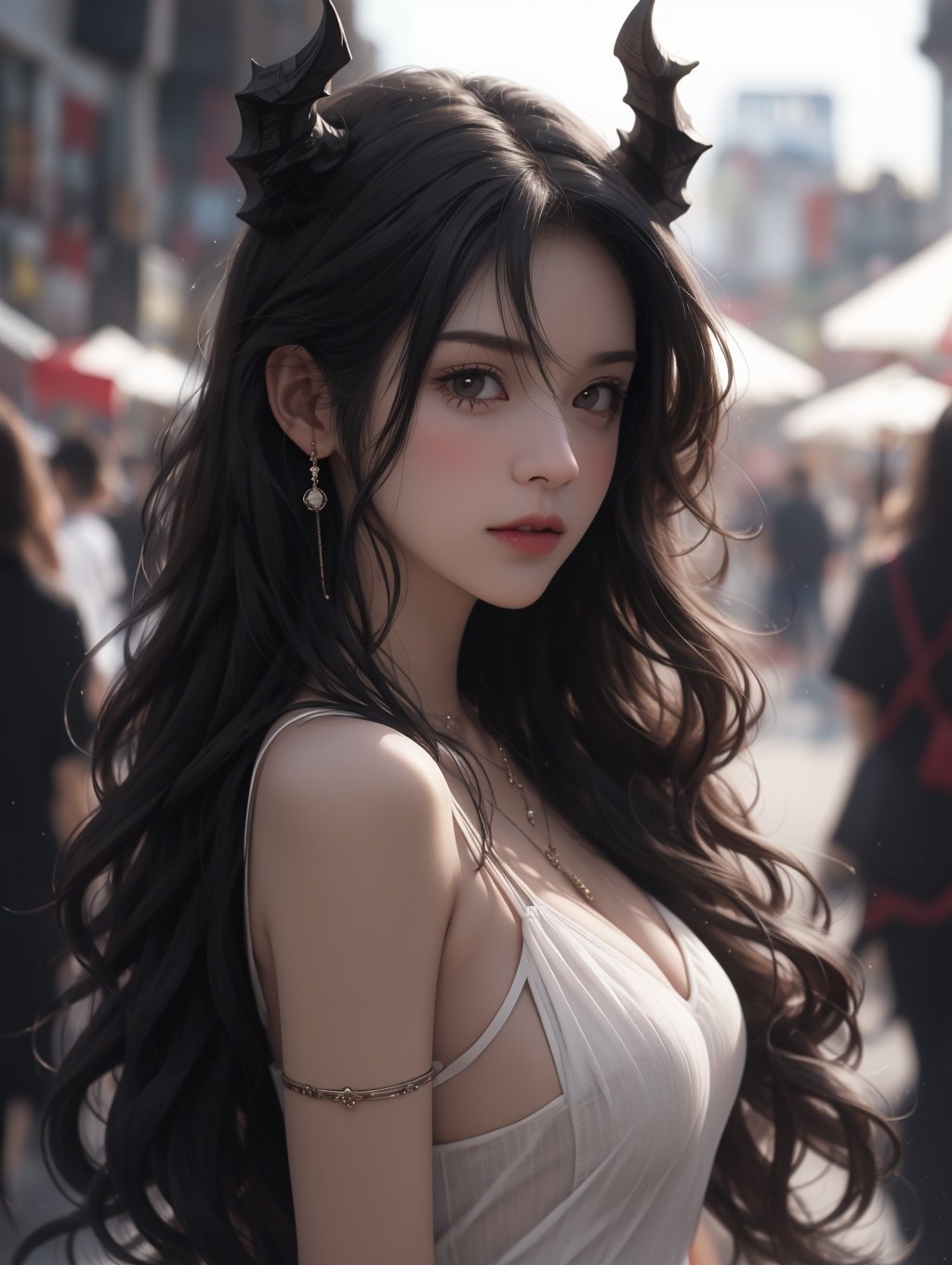 bj_Devil_angel,1girl,long_hair,looking_at_viewer,blush,black_hair,dress,bare_shoulders,brown_eyes,jewelry,closed_mouth,upper_body,earrings,horns,solo_focus,looking_back,hand_up,blurry,lips,blurry_background,red_lips,red_horns,cinematic lighting,strong contrast,high level of detail,Best quality,masterpiece,<lora:FDevil_angel_v3(3720):0.7>,