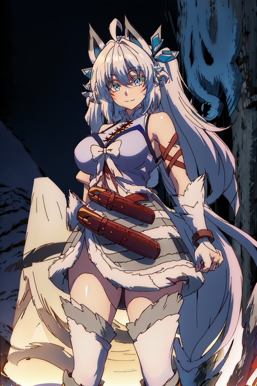 masterpiece, best quality, ultra-detailed, beautiful detailed eyes, extremely detailed eyes and face, 1girl, kurehaclyret, hair ribbon, armor, breastplate, ahoge, elbow gloves, belt, white skirt, pleated skirt, thigh boots, purple footwear, ((large breasts)), standing, looking at viewer, smiling, forest, cowboy shot, upper body, 