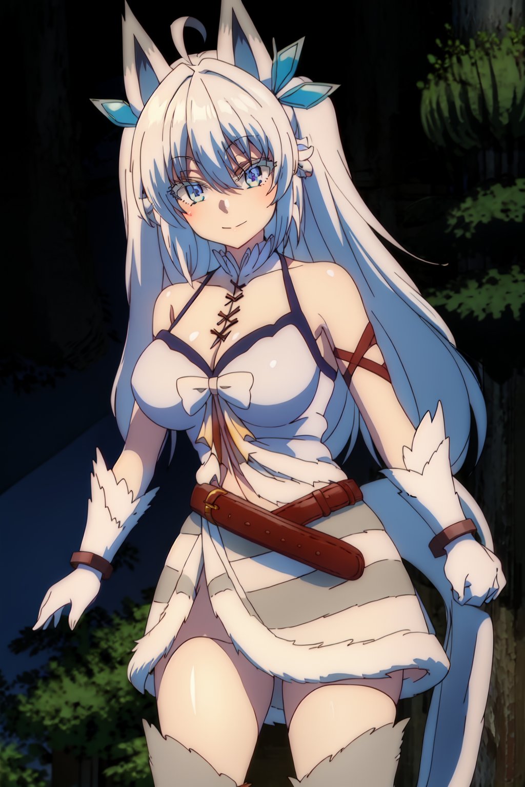 masterpiece, best quality, ultra-detailed, beautiful detailed eyes, extremely detailed eyes and face, 1girl, kurehaclyret, hair ribbon, armor, breastplate, ahoge, elbow gloves, belt, white skirt, pleated skirt, thigh boots, purple footwear, ((large breasts)), standing, looking at viewer, smiling, forest, cowboy shot, upper body, 