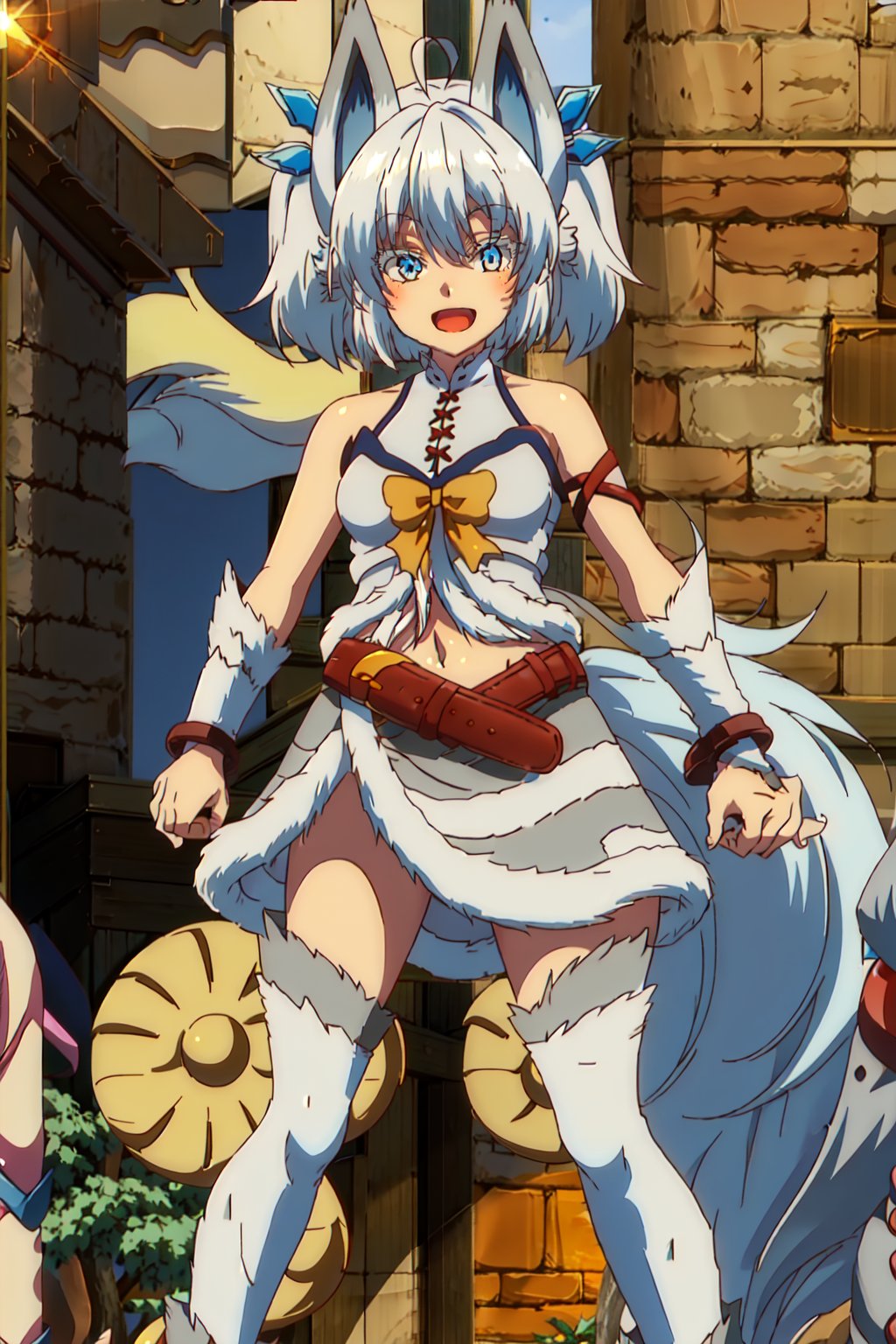 (Masterpiece), High Quality, 1girl, solo,
, ChopioSetsuna, wolf girl, white hair, wolf ears, (tail, wolf tail:1), (wolf feet:1), arm fur, (looking at viewer:1.3),
medium hair, two side up, hair ornament, ahoge,
(mature female, adult:1), medium breasts,
outfit_1, bare shoulders, sleeveless, yellow bow, midriff, navel, brown belt, white skirt, fur trim,
standing, outdoors, smile, open mouth, happy, sunny, lens flare, sun beams,