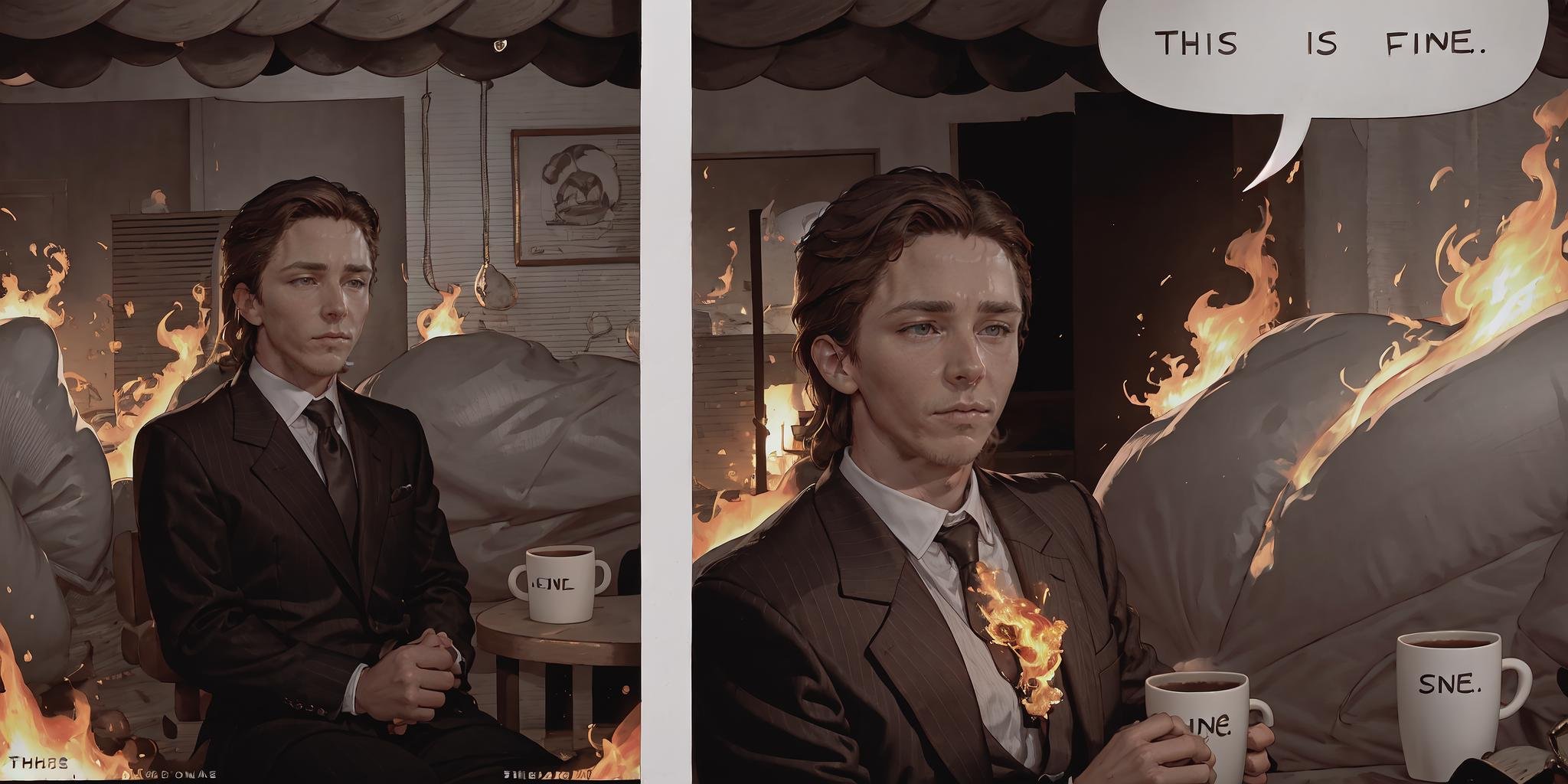 Highly detailed, High Quality, Masterpiece, beautiful, IncrsThisIsFineMeme, <lora:ThisIsFineMeme-10:1.2>, 1boy, solo, fire, mug, sigmabale, <lora:Char_Sigmas_PatrickBateman:0.9>, suit, formal, 