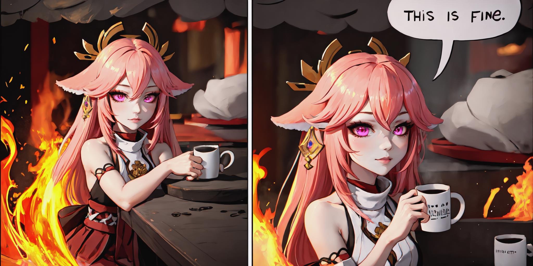 Highly detailed, High Quality, Masterpiece, beautiful, IncrsThisIsFineMeme, <lora:ThisIsFineMeme-10:1.2>, 1girl, fire, mug, yae miko, pink eyes, long hair, pink hair, animal ears, <lora:Char_GenshinImpact_YaeMiko:1>