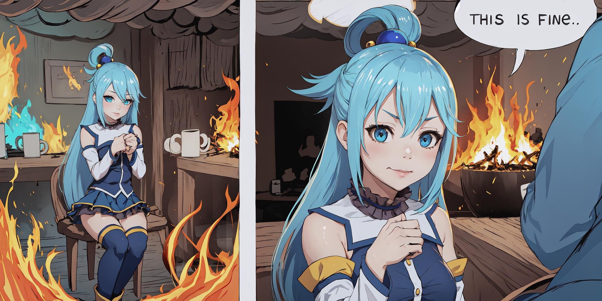 Highly detailed, High Quality, Masterpiece, beautiful, IncrsThisIsFineMeme, <lora:ThisIsFineMeme-10:1>, 1girl, solo, fire, mug, aqua \(konosuba\), blue eyes, blue hair, detached sleeves, hair ornament, hair rings, long hair, single hair ring, skirt, thighhighs, very long hair, kono subarashii sekai ni shukufuku wo!, <lora:Char_Konosuba_Aqua:0.65>