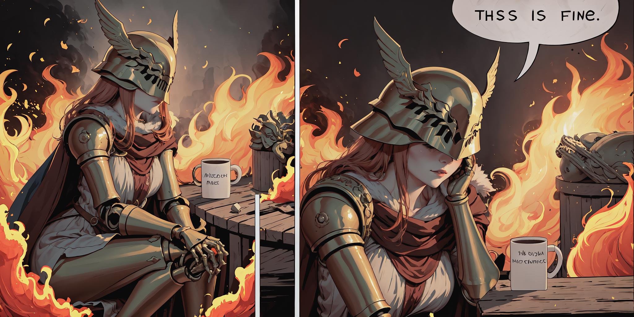 Highly detailed, High Quality, Masterpiece, beautiful, IncrsThisIsFineMeme, <lora:ThisIsFineMeme-10:1.2>, 1girl, fire, mug, Malenia, prothestic leg, single mechanical arm, prosthesis, armor, cape, helmet, brown dress, <lora:Char_EldenRing_Malenia:1>