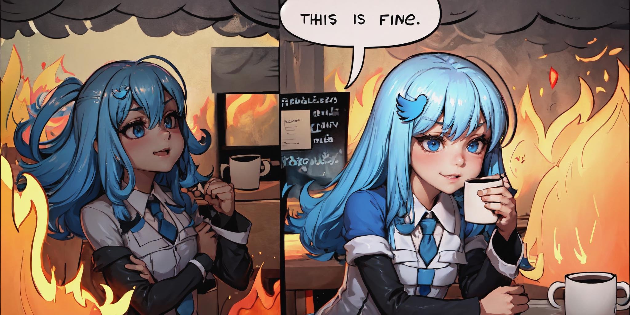 Highly detailed, High Quality, Masterpiece, beautiful, IncrsThisIsFineMeme, <lora:ThisIsFineMeme-10:1.2>, 1girl, solo, fire, mug, Twitter-chan, hair ornament, white shirt, black long-sleeve shirt, layered sleeves, necktie, blue skirt, <lora:Char_Meme_Twitterchan:0.8>