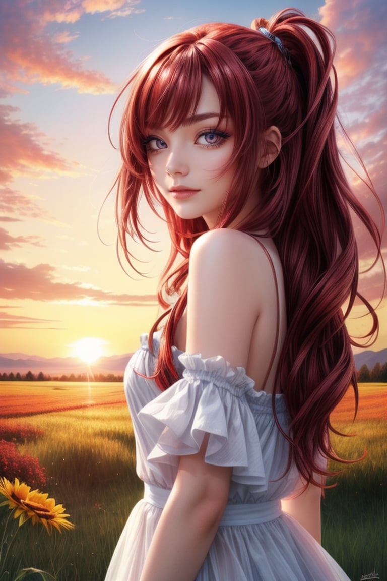 1girl,  masterpiece,  red eyes,  Vibrant fiery red hair,  flowing gently over the shoulders like the first rays of dawn. Eyes that sparkle with mischief and wonder,  reminiscent of a sunlit meadow. The backdrop captures a sunrise,  best quality, <lora:EMS-179-EMS:0.700000>, , <lora:EMS-45981-EMS:0.500000>