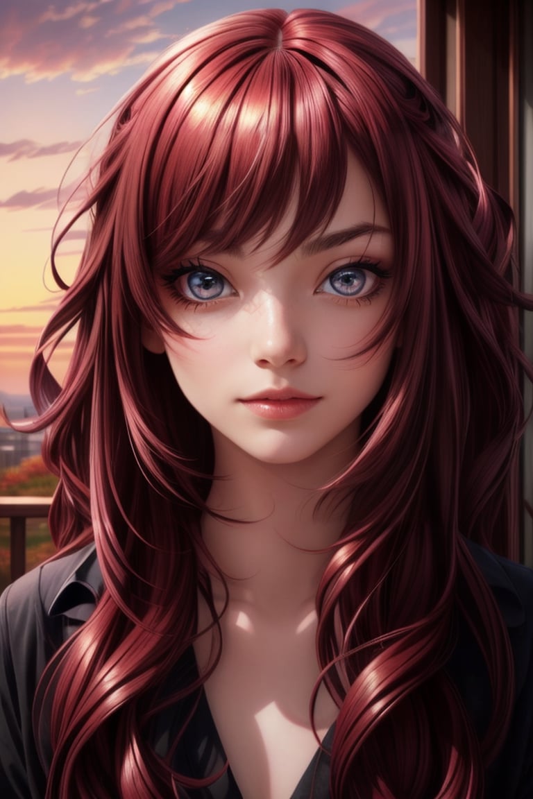 1girl,  masterpiece,  red eyes,  Deep auburn locks,  curling delicately around the face,  reminiscent of autumn leaves. Eyes burning with intensity,  capturing the essence of a dwindling sunset. The scene behind holds the last traces of daylight,  with hues of crimson and deep violet,  best quality, <lora:EMS-179-EMS:0.700000>, , <lora:EMS-45981-EMS:0.600000>