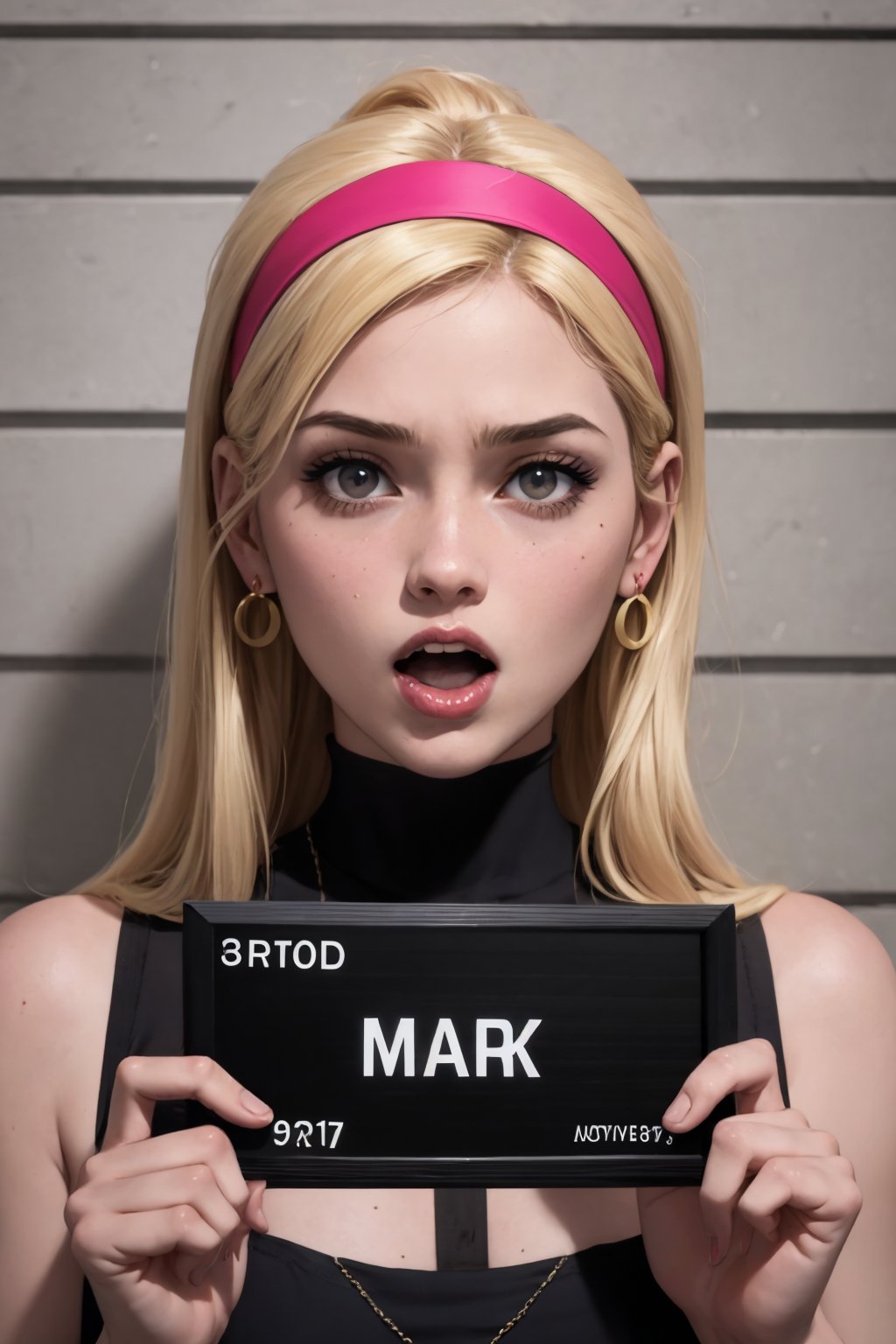 1girl, blonde hair, earrings, english text, fake cover, hairband, headband, jewelry, lips, long hair, looking at viewer, magazine cover, photo \(medium\), realistic, solo
good anatomy, masterpiece, best quality, 4k, 8k, 1girl,concept_barbie_mugshot_ownwaifu, holding, barbie_mugshot_(meme), height_mark, height_chart, nameplate, (holding sign:1.1), letterboxed, looking at viewer, meme, mugshot, open mouth, solo, upper body, www.ownwaifu.com, 
,www.ownwaifu.com