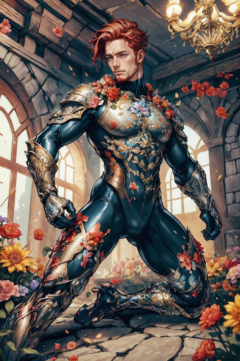 flower4rmor, photo of a Irish man wearing flower bodysuit, fantasy medieval city background, dynamic movement, indoors, red hair, best quality, masterpiece, detailed background, depth of field, intricate details