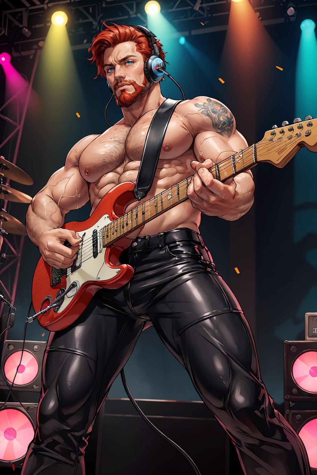 A photo of a handsome muscular redhead male rocker, irish man, with blue eyes and short hair styled on one side up, performing on stage while holding an electric guitar, wearing black leather pants, while wearing headphones, beard, huge pectorals, sweaty, dynamic pose, shirtless, best quality, masterpiece, detailed background, depth of field, intricate details