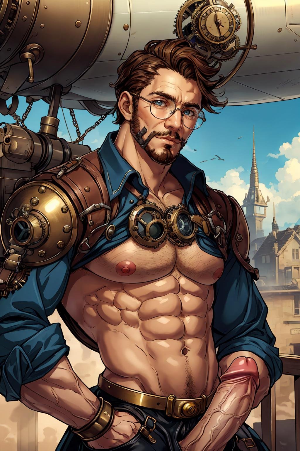 photo of a man wearing intricate steampunk style fantasy clothes, sky, brown hair, facial hair, upper body, brass cogs and gears, glasses, looking at viewer, steampunk shirt, pants, science fiction, large penis, erection, face portrait, (close up:1.3), pectorals, abs, puffy nipples, on the deck of a steampunk airship, airship flying in the sky, (steampunk medieval fantasy), (smile:0.5), best quality, masterpiece, detailed background, depth of field, intricate details